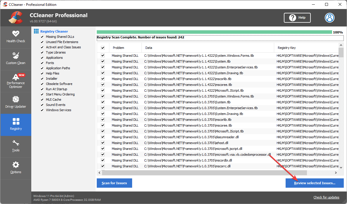 clicking review selected issues ccleaner