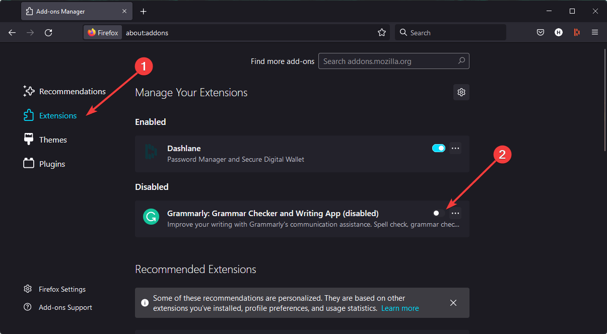 disabling firefox extensions add-ons