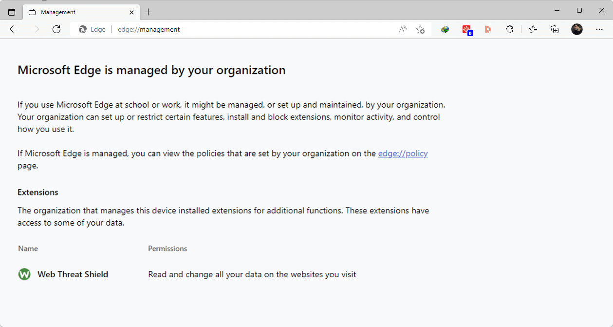Screenshot: Microsoft Edge is managed by your organization