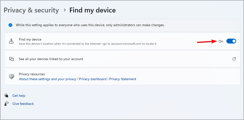 windows 11 security enable find my device