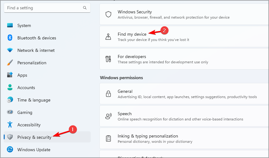 windows 11 security find my device settings app