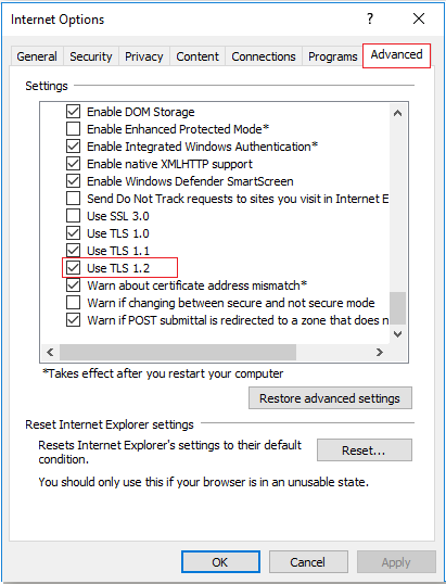 click to enable tls windows 10