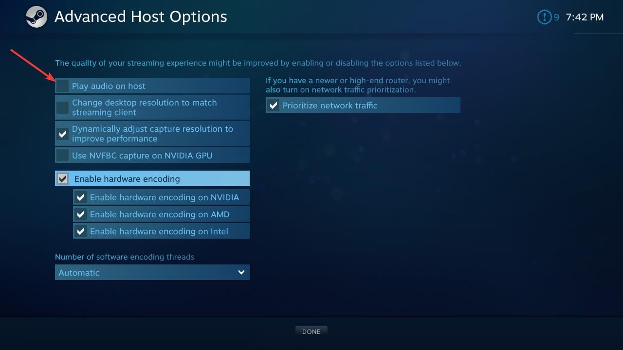 play audio host steam link check uncheck