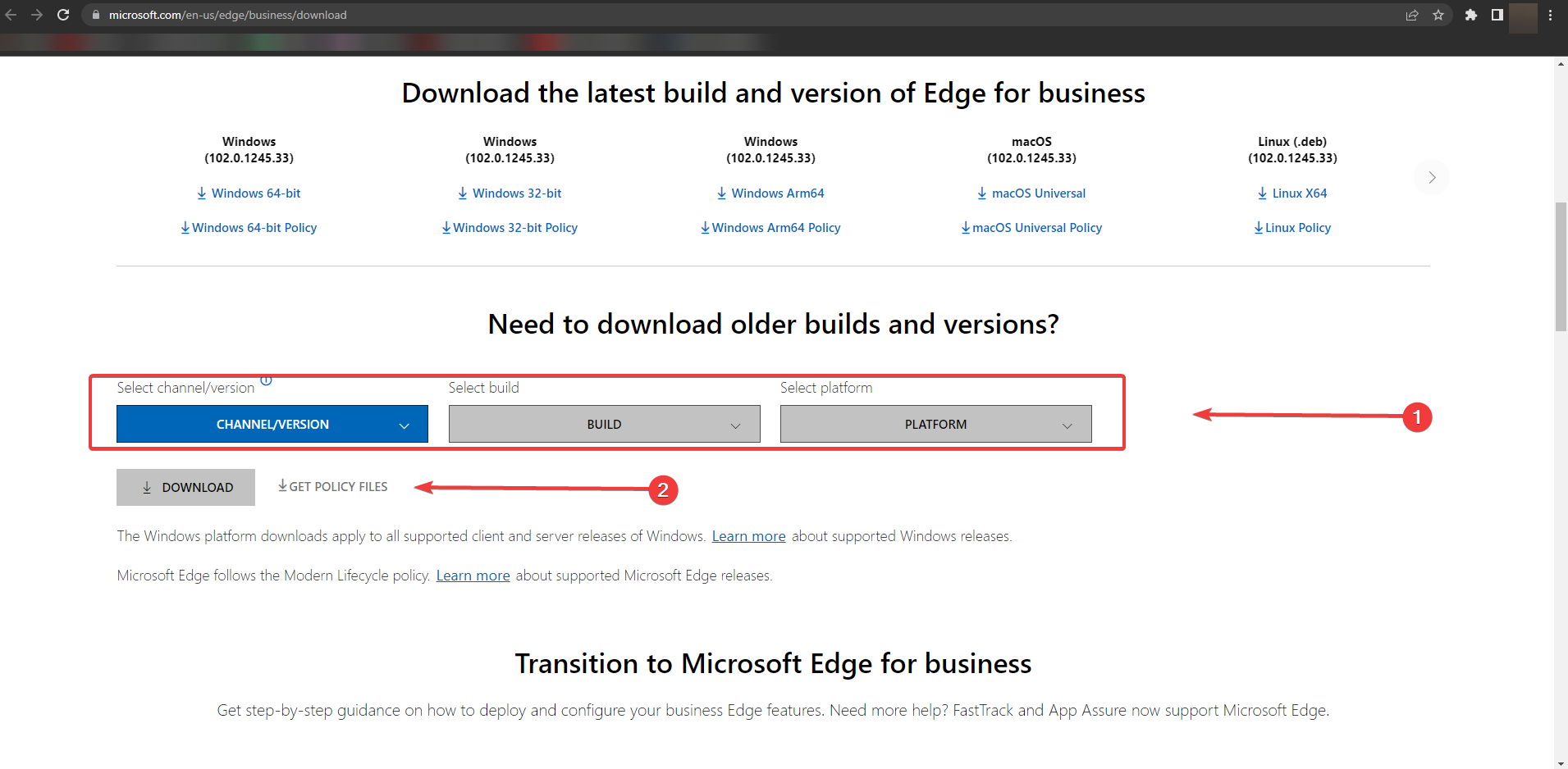 selecting build version and getting policy files for edge