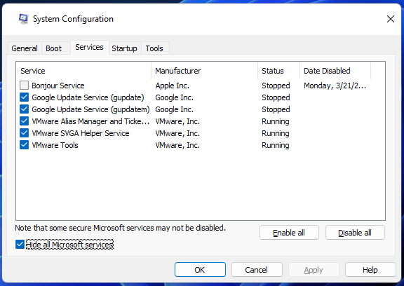 Hide all Microsoft services option valorant connection error van 152