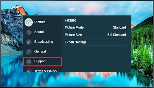 support section in tv settings