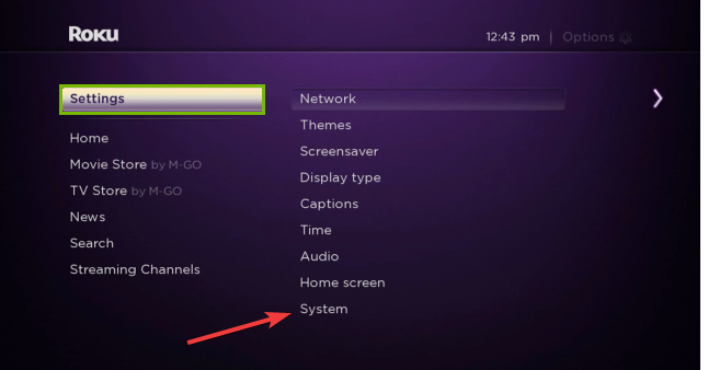 system option in settings of Roku