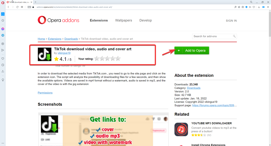 TikTok download video, audio and cover art extension - Opera add-ons