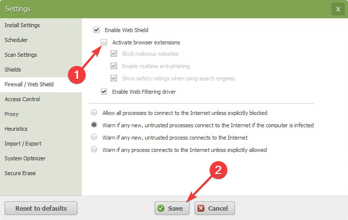 unchecking browser extension antivirus settings