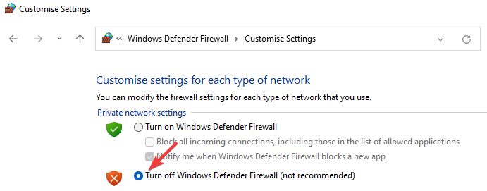 Turn Windows Defender Firewall off