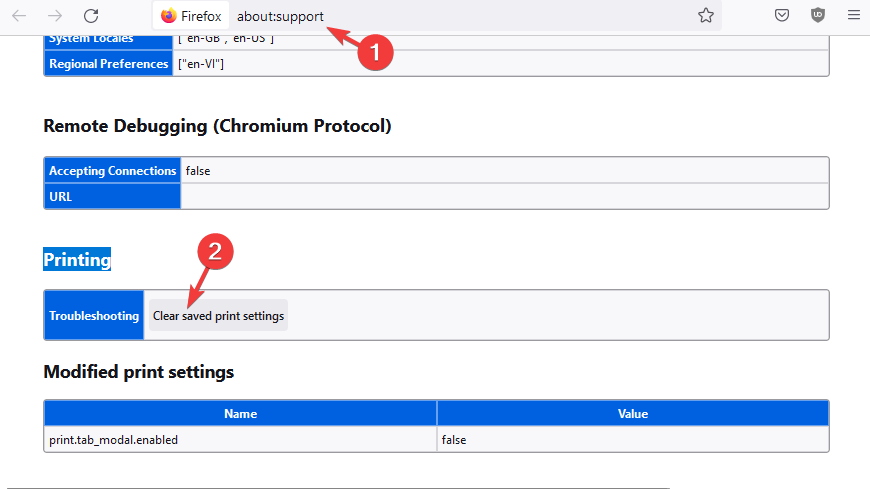 Firefox printing - Clear saved print settings