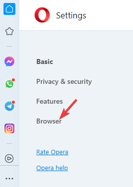 Opera browser settings