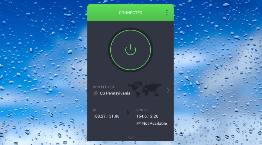Interface of Private Internet Access VPn connected to Pennsylvania IP