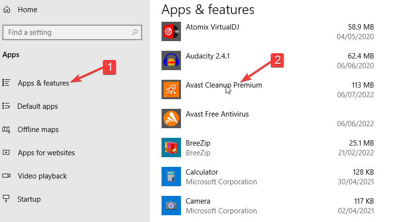 apps list - avast cleanup won't open