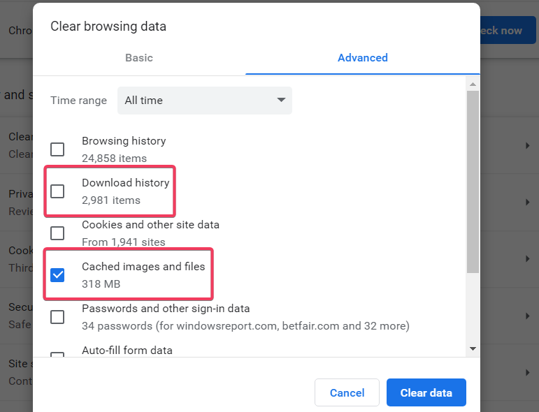 Download history checkbox chrome says download in progress
