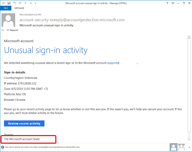 fromat microsoft account unusual sign-in activity spam email