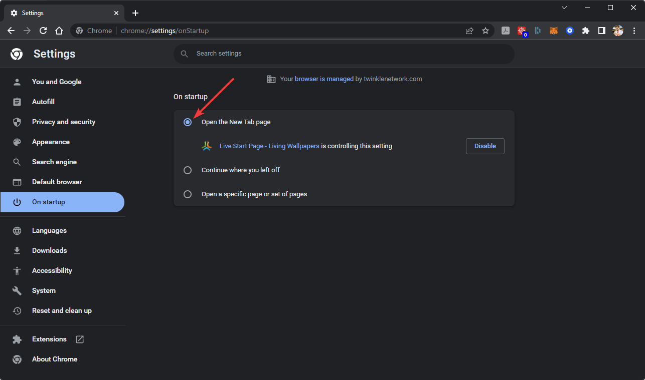 checking open the new tab page chrome settings