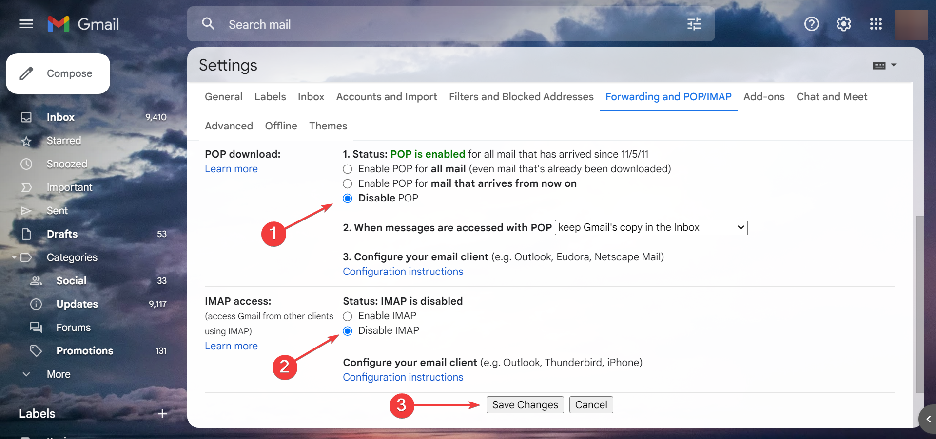 disable POP and IMAP to stop emails going to trash in gmail