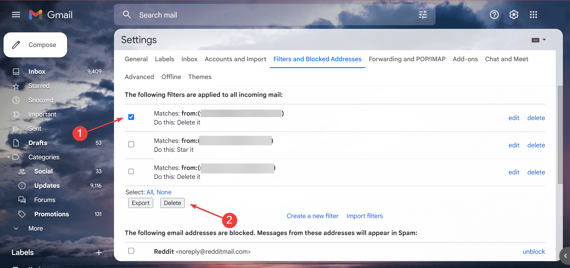 delete filter to stop emails going to trash in gmail
