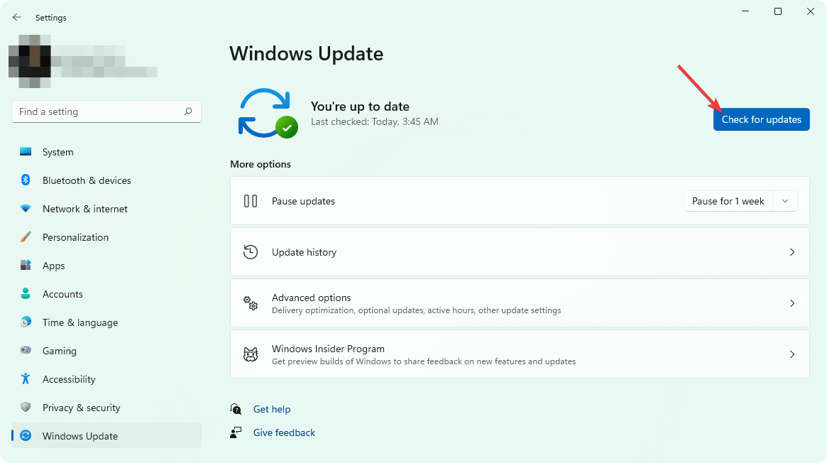 clicking check for update windows 11 settings