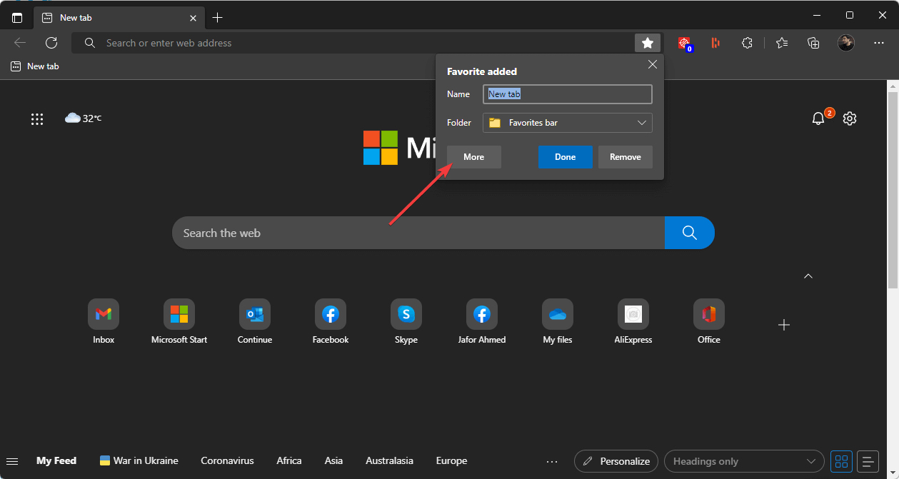 clicking more while adding bookmark ms edge