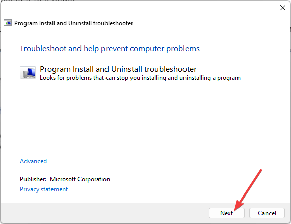 clicking next install uninstall troubleshooter