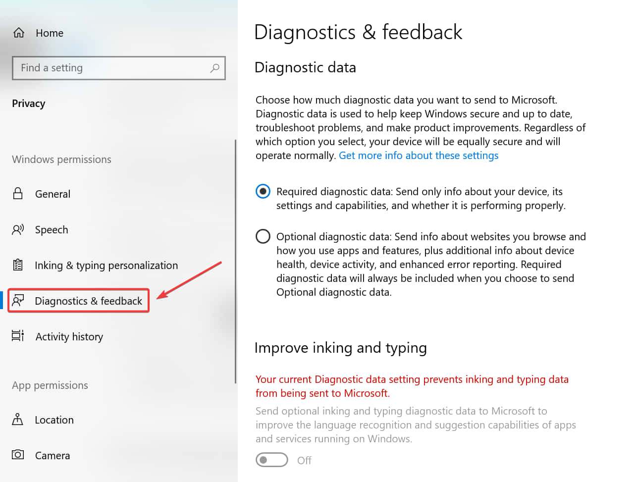 diagnostics and feedback privacy settings