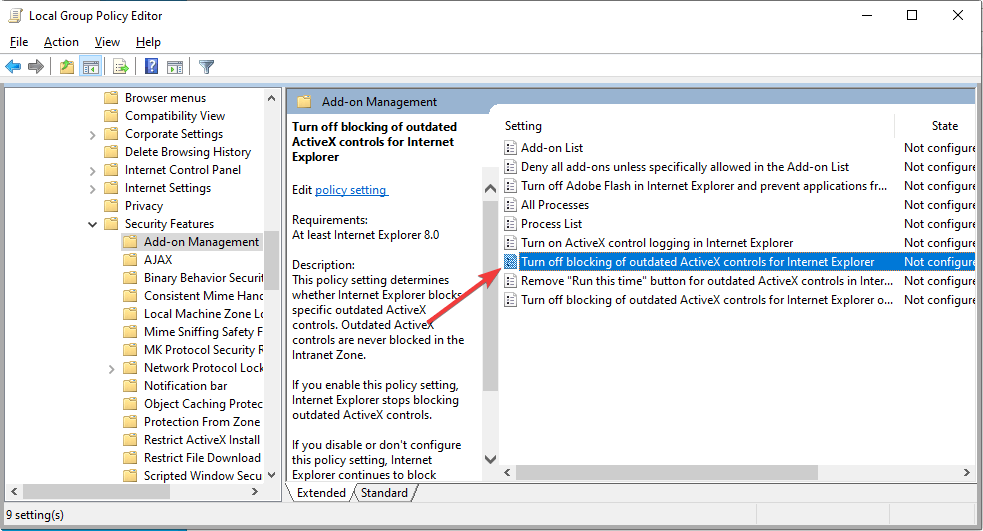 double-clicking Turn off blocking of outdated ActiveX controls for Internet Explorer