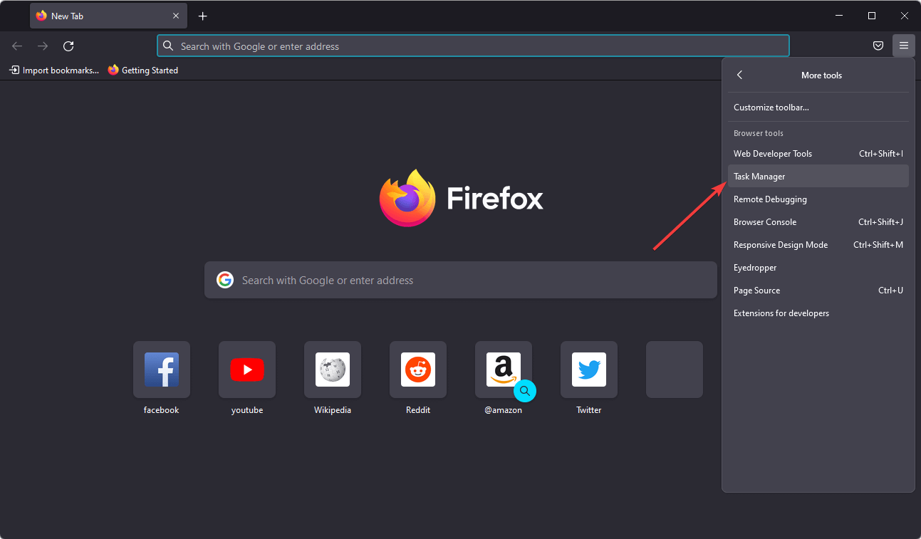 opening task manager firefox via menu