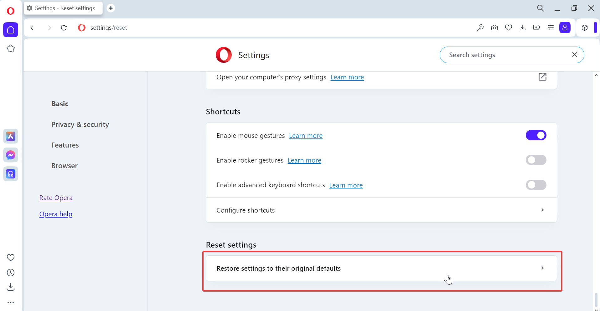 opera reset settings