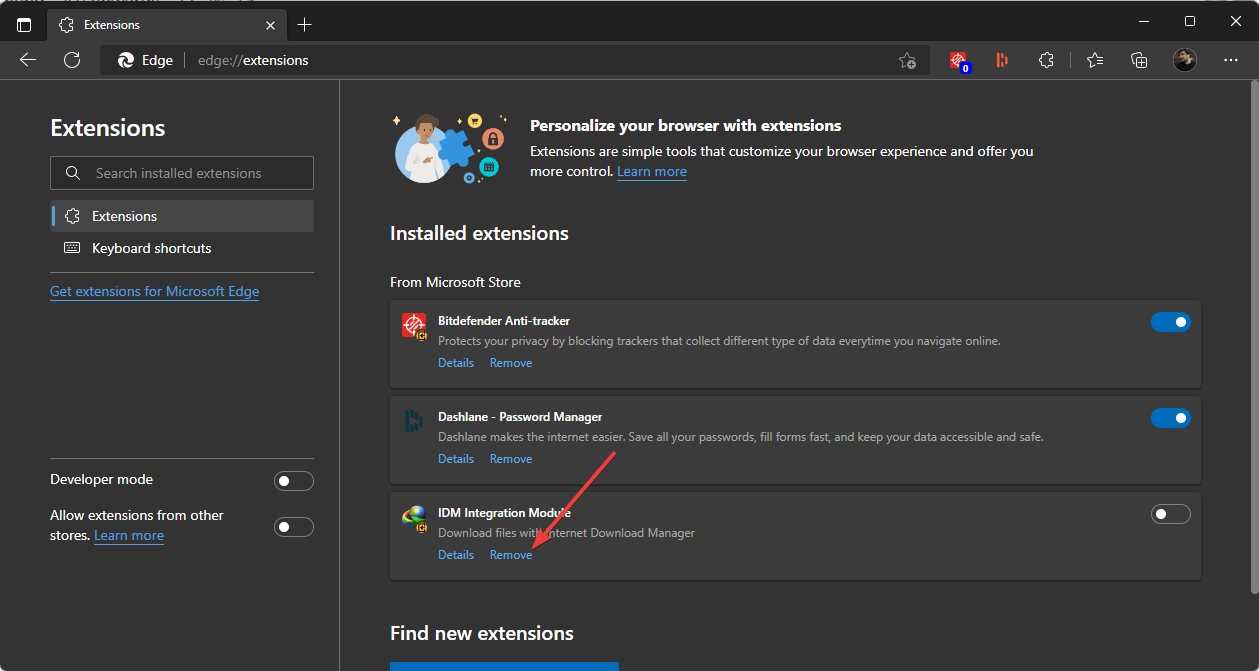 removing extensions microsoft edge