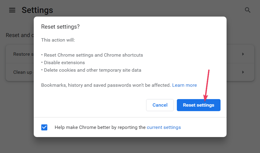 Reset settings button chrome says download in progress