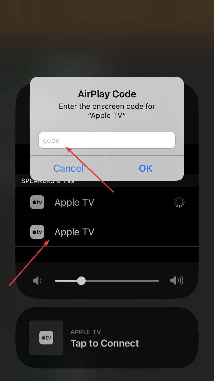 selecting Apple Tv from AirPlay options and then entering pairing code.