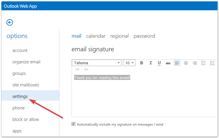setting from the outlook web access