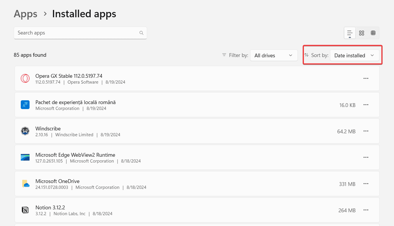 sort apps by date