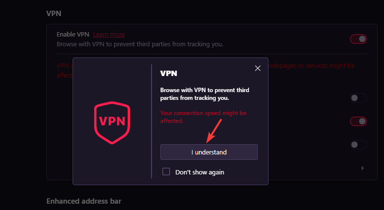 VPN prompt - I understand