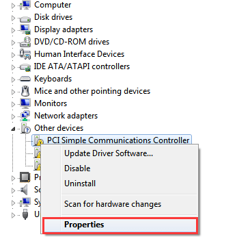 PCI simple communications controller properties.