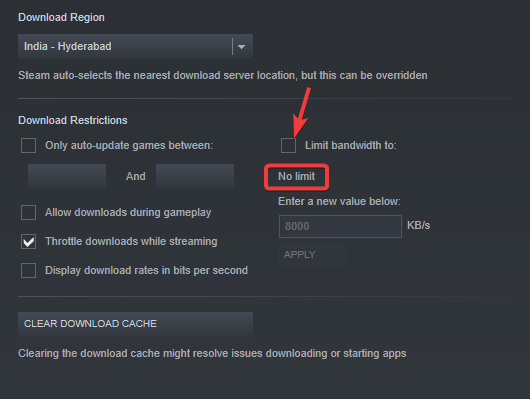 uncheck Limit bandwidth to