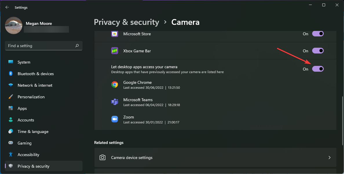 Allow desktop apps to use the camera.