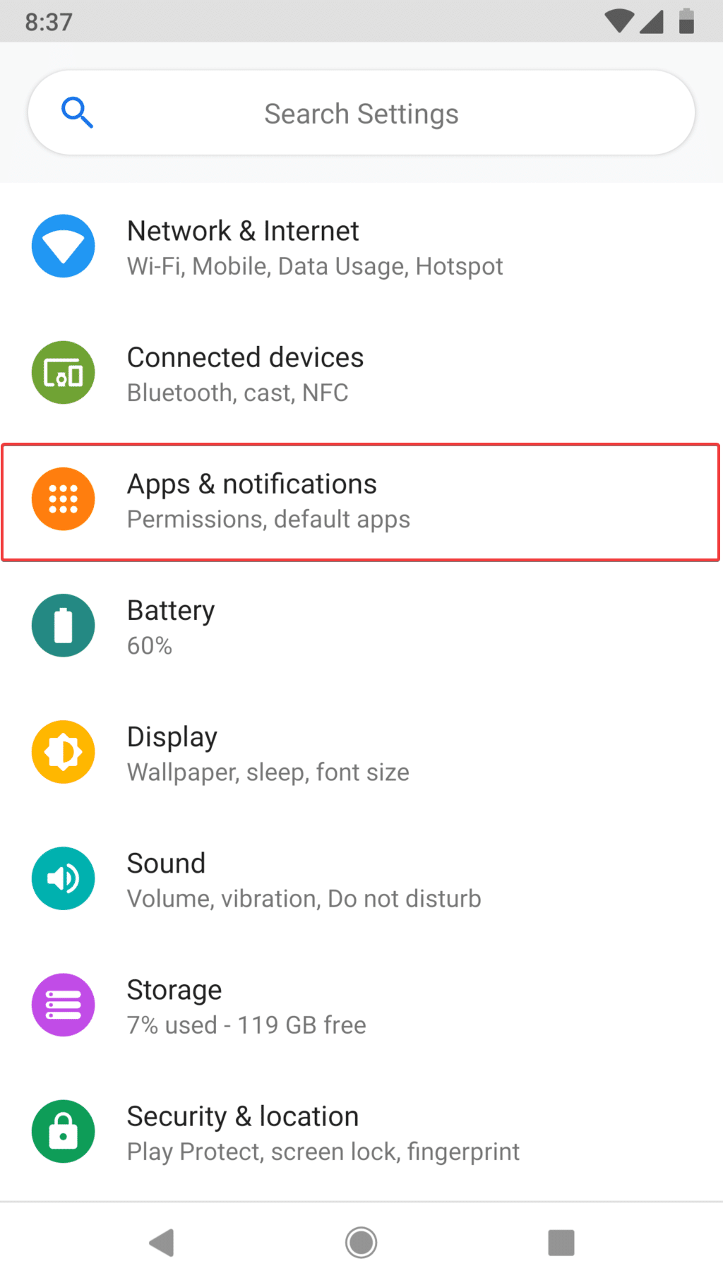 apps and notifications setting