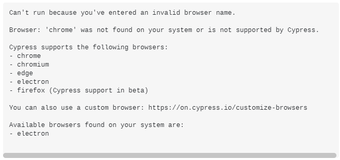 browser: 'chrome' was not found on your system error.
