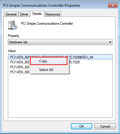 Copy the hardware id to fix pci simple communications controller error.