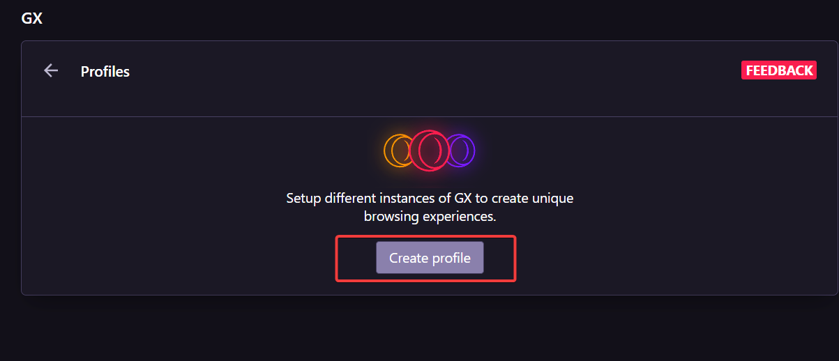 create profile button in opera gx