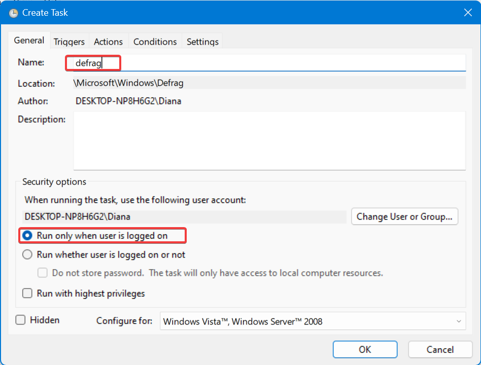 creating defrag task in task scheduler