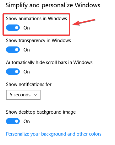 disable animations windows 10 simplify features