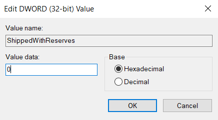 edit dword to turn off reserved storage