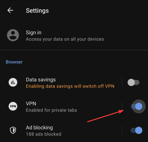 enabling opera vpn on android