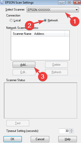 select scanner, network, add