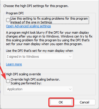 Adjust high DPI settings.