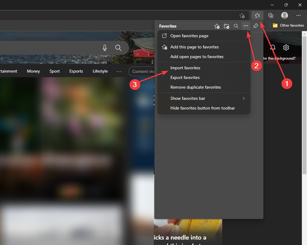 import and export option in Microsoft edge